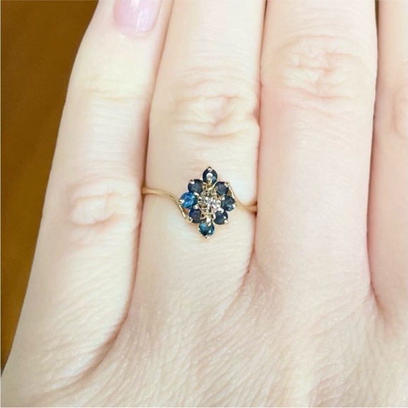 14K Natural Sapphire Diamond cluster pyramid dark blue yellow gold ring - Picture 4 of 10